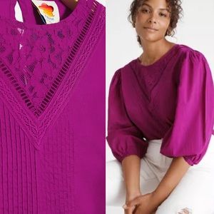 Farm Rio blouse cotton top lace eyelet shirt Large